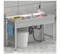 Kitchen Sinks, Restaurant Storage Rack, Unit and Faucet, Right Hand Drainer, Large Double Bowl, Basin, Pipe (Well