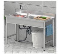 Kitchen Sinks, Restaurant Storage Rack, Unit and Faucet, Right Hand Drainer, Large Double Bowl, Basin, Pipe (Left
