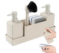 Kitchen Soap Dispenser Set 5Pcs/Set Plastic Dish Soap Dispenser with Sponge Holder, Sponge and Brush Draining Beige Kitchen Accessories.