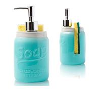 Kitchen Soap Dispenser & Sponge Holder - Decorative Sink Organizer - Kitchen Counter Liquid Soap Dispenser with Stainless Steel Pump, Blue Ceramic Soap Holder w/Free Sponge