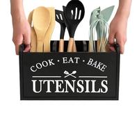 Kitchen Spatula Holder, Wooden Cooking Utensil Storage Box, 3-Compartment Tableware Organizer with Drainage Holes, Rustic Stand for Spoons, Forks, and Tools in Snack Bars, Counters, and Kitchens