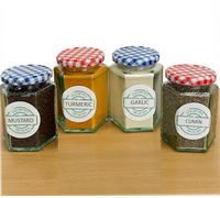 Kitchen Spices and Glass Jars for Storage- Indian Spices with Hexagonal Glass Jars | 4 Spice 4 Jars- Garlic Turmeric Powder Mustard Seeds Cumin Seeds 100g Each