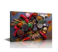 Kitchen Spices Wall Art Seasoning Pictures Posters & Prints Large Canvas Wall Art Spices on Wooden Bowl Canvas Wall Art for Bedroom Modern Artwork Stretched and Framed Ready to Hang (24"Wx36"H)