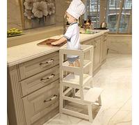 Kitchen Step Stool for Toddlers with Non-Slip Mat, WOOD CITY Wooden Kids Montessori Learning Stool Tower, Toddler Standing Tower Helper for Kitchen Counter and Bathroom Sink(White)