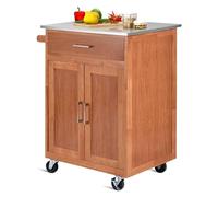 Kitchen Sto Trolley on Wheels Rubber Wood Rolling Kitchen Island with Cabinet Stainless Steel Worktop Der Adjustable Shelf & Towel Rack Dining Room Serving Trolley Cart