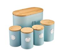 Cooks Professional 5Pc Tea, Coffee, Sugar, Biscuit & Bread Ribbed Canister Kitchen Storage Set With Bamboo Lids - Blue & Silver