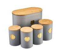 Cooks Professional 5 Piece Ribbed Tea Coffee Sugar Bread & Biscuit Cannisters with Air-Tight Bamboo Lids | Stainless Steel Kitchen Storage Bin Set | Modern & Stylish | Grey & Gold