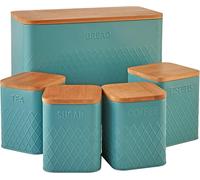 Cooks Professional 5 Piece Tea, Coffee, Sugar, Biscuit & Bread Square Cannister Set with Bamboo Lids | Diamond Pattern Labelled Stainless Steel Kitchen Storage Bins Airtight Containers | Teal