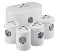 Cooks Professional 5 Piece Tea Coffee Sugar Bread & Biscuit Cannister Set - Labelled Kitchen Storage Tins - White & Siver