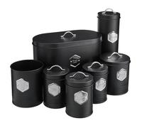 Cooks Professional 7 Piece Tea Coffee Sugar Bread Biscuit Pasta & Utensil Cannister Set | Labelled Storage Containers Tins with Airtight Lids for Kitchen Accessories & Essentials | Black & Silver