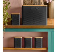 Cooks Professional 5 Piece Tea, Coffee, Sugar, Biscuit & Bread Square Cannister Set with Bamboo Lids | Diamond Pattern Labelled Stainless Steel Kitchen Storage Bins Airtight Containers | Black