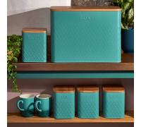 Cooks Professional 5 Piece Tea, Coffee, Sugar, Biscuit & Bread Square Cannister Set with Bamboo Lids | Diamond Pattern Labelled Stainless Steel Kitchen Storage Bins Airtight Containers | Teal