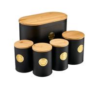 Cooks Professional 5Pc Tea, Coffee, Sugar, Biscuit & Bread Ribbed Canister Kitchen Storage Set With Bamboo Lids - Black & Gold