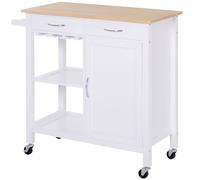 Kitchen Storage Trolley Cart Cupboard Rolling Wheels Shelves Cabinet Island W/ Drawers Towel Rail Wine Glass Rack Pine Wood Worktop White