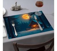 Kitchen & Table Linens A Cozy Cabin in The Snowy Forest Under A Full Moon Dining Place Mats Heat Resistant Mats for Countertop Easter Placemat(4PCS)
