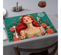 Kitchen & Table Linens A Woman With Vibrant Red Hair Surrounded By Blooming Roses Dining Place Mats Summer Table Runner Decorative Plates(4PCS)