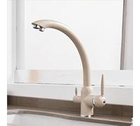 Kitchen Tap 3 Way Kitchen Sink Taps Mixer 360° Rotation 2 Outlets 2 Handles Brass-Oatmeal Color