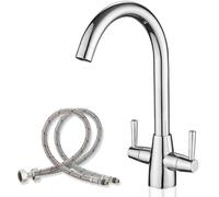Kitchen Tap Mixer for Kitchen Sink Monobloc Tap Dual Lever 360 Swivel Chrome Kitchen Sink Taps UK Standard 1 Hole Deck Mount with 20 Inch Flexi Tails