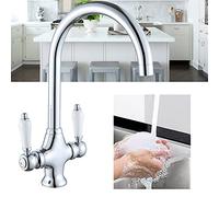 Kitchen Tap Two Handles Sink Mixer Tap, Modern Kitchen Sink Basin Mixer Tap Monobloc Swivel Spout Chrome Kitchen Taps with UK Standard Fittings