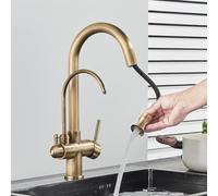 Kitchen Tap with Pull Out Spray, Antique Brass Dual Handle Swivel Mixer, Hot Cold and Filtered Drinking Water Faucet for Home or Restaurant Use