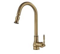 Kitchen Tap with Pull Out Spray High Arc Pull Down Kitchen Sink Mixer Taps, Antique Style Brass Single Lever 360° Swivel Commercial Kitchen Faucet, 1 Hole, Antique Brass Finished