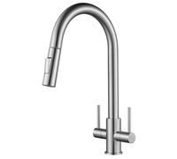 Kitchen Tap with Pull Out Sprayer Brushed Nickel Dual Lever Kitchen Sink Mixer Tap Swan Neck One Hole Monobloc Faucet