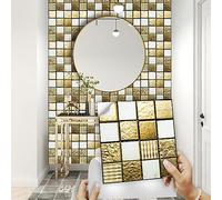 Kitchen Tile Stickers 10cm x 10cm Gold White Stick on Tiles Tile Stickers for Bathroom Stick on Wall Tiles Backsplash for Kitchen Stick on Tiles Self-Adhesive Vinyl Home Decoration (10 Pieces)