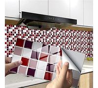 Kitchen Tile Stickers 10cm x 20cm Wine Red White Tile Stickers for Bathroom Stick on Wall Tiles Backsplash for Kitchen Stick on Tiles Self-Adhesive Vinyl Home Decoration (24 Pieces)