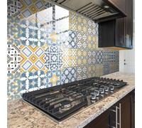 Kitchen Tiles Self Adhesive Bohemian Blue Yellow Kitchen Stick on Tiles for Bathroom Decoration Waterproof Oilproof PVC Peel and Stick Self Adhesive Floor Tile 15x15cm /10 Pcs