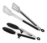 Kitchen Tongs Set of 2, 9 IN Non-Stick Silicone Tip Locking Food Tongs with Stand and 12 inch Heavy Duty Stainless Steel Flat Spatula Tongs for Cooking, BBQ, Serving - Dishwasher Safe HUSUKU (Black)