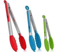 Kitchen Tongs Set of 3, Cooking Tongs with Silicone Tips, Non-Stick Non-Scratch Heat Resistant Tongs for Grilling Buffet BBQ Salad Serving (Red Blue Green)