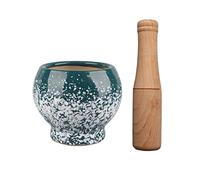 Kitchen Tool Green Ceramic Mortar Bowl with Wooden Pestle, White Dotted Decorative Finish Porcelain and Set Pill Crusher, Spice Grinder, Herb, Pesto Powder for Kitchen Comfortable and Easy to use