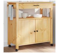 Kitchen Trolley Brown Solid Pine Wood 84x40x90cm Shelf Drawer Lockable Wheels XL