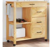 Kitchen Trolley Solid Pine Wood Brown 84x40x88.5cm Drawer Shelf Casters Locking