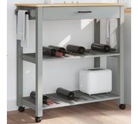Kitchen trolley solid pine wood grey 84x40x90cm drawer shelves hooks with wheels