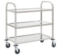 Kitchen Trolley Stainless Steel Silver 96.5x55x90cm 3-Tier Shelves Braked Wheels