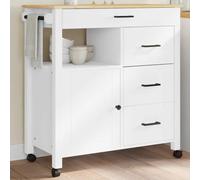 Kitchen Trolley White 84x40x88.5cm Solid Pine Wood with Shelf & Drawer 4 Casters
