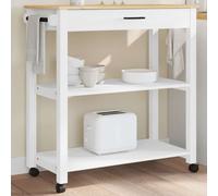 Kitchen Trolley White Solid Pine Wood 84x40x90cm Shelf Drawer Castors On Wheels