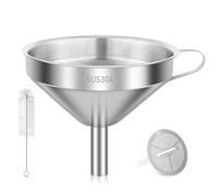 Kitchen Use Funnel for Filling Bottles, Metal Funnel with Strainer for Cooking Oil, Juice, Grease, Tea, Food | 18/8 Stainless Steel Large Funnel Gadget Upgraded (5 inch Mouth, 0.63 inch Stem)