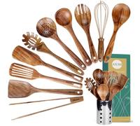 Kitchen Utenails Set with Holder,Kitchen Wooden Utensils for Cooking, Wood Utensil Natural Teak Wood Spoons for Cooking,Wooden Kitchen Utensil Set with Spatula and Ladle (11)