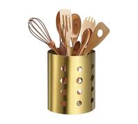 Kitchen Utensil Holder, 4.6x5.5 Stainless Steel Utensil Cutlery Holder Oval Flatware Organizer with Drain Hole for Kitchen Restaurant Countertop Straw, Spoon, Chopstick, Gold