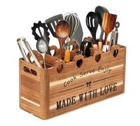 Kitchen Utensil Holder, Large Acacia Wood Organizer for Countertop | Extra Large Farmhouse Style with 4 Compartments, Rustic Wooden Storage for Cooking Tools & Cutlery