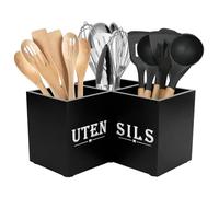 Kitchen Utensil Holder Organiser,Wooden Countertop Cooking Tool Caddy with 3 Compartments & Drainage Holes,Corner Cutlery Storage Rack for Spoons Forks Knives,Space Saving Farmhouse Worktop Stand