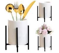 Kitchen Utensil Holder, Utensil Holder, Ceramic Countertop Cutlery with Metal Frame 3.6x4.3" Kitchen Organizer for Spoon Fork Storage and Flowers, , Black