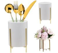Kitchen Utensil Holder, Utensil Holder, Ceramic Countertop Cutlery with Metal Frame 3.6x4.3" Kitchen Organizer for Spoon Fork Storage and Flowers, , Gold