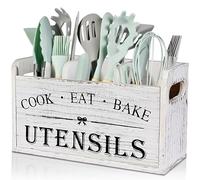 Kitchen Utensil Holder with 3 Compartments, Wooden Storage Utensil Organizer for Countertop, Farmhouse Decor, Rustic Cooking Utensil Kitchen Tool