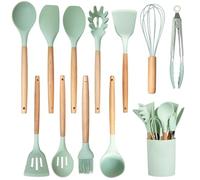Kitchen Utensil Set, 12 PCS Sage Green Silicone Cooking Utensils Set with Wooden Handle, Heat Resistant & Nonstick, BPA-Free Kitchen Tools & Accessories Set, Dishwasher Safe