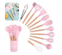 Kitchen Utensil Set, 12 PCS Silicone Cooking Utensils Set with Wooden Handle, Heat Resistant, Nonstick Cookware Tongs Spatula Spoon Set, Silicone Kitchen Utensils Set Suitable for Kitchen(Pink)