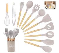 Kitchen Utensil Set, 12 PCS Silicone Cooking Utensils Set with Wooden Handle, Heat Resistant, Nonstick Cookware Tongs Spatula Spoon Set, Silicone Kitchen Utensils Set Suitable for Kitchen(Khaki)