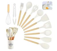 Kitchen Utensil Set, 12 PCS Silicone Cooking Utensils Set with Wooden Handle, Heat Resistant, Nonstick Cookware Tongs Spatula Spoon Set, Silicone Kitchen Utensils Set Suitable for Kitchen(Off White)